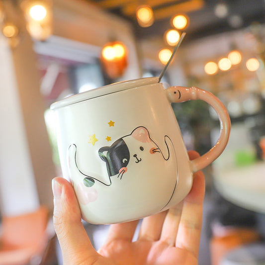 Cartoon Cat With Lid Spoon Ceramic Cup