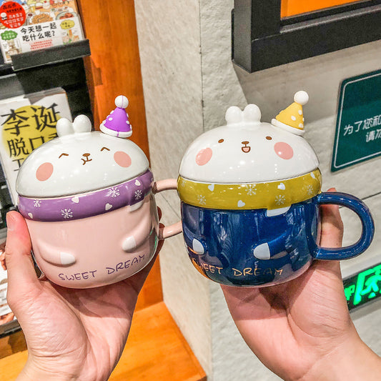 Gift Box Cute Cartoon Rabbit Ceramic Mug With Lid Spoon