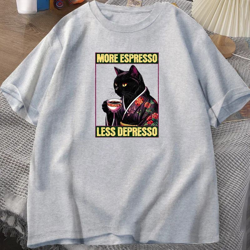 More Espresso Less Depresso Cat Drinking Coffee Funny T Shirt