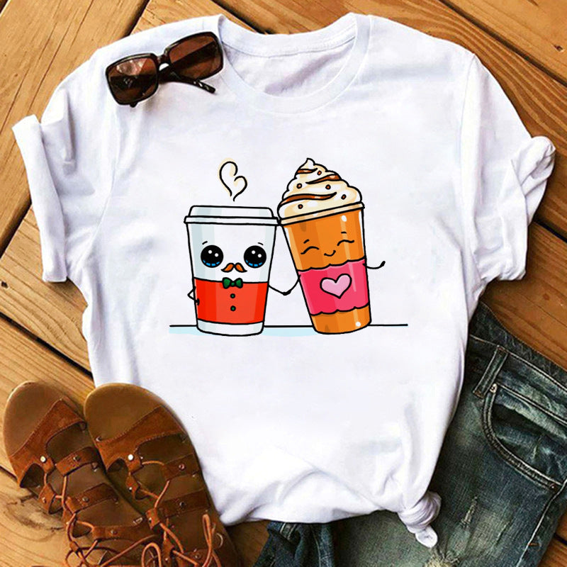 New Cute Milk Tea Print Short Sleeve Women