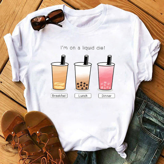 New Cute Milk Tea Print Short Sleeve Women