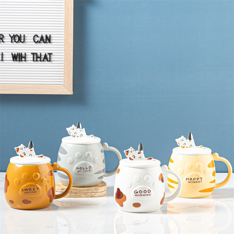 Ceramic Cat Mug With Lid Spoon Office Cute Coffee Mug