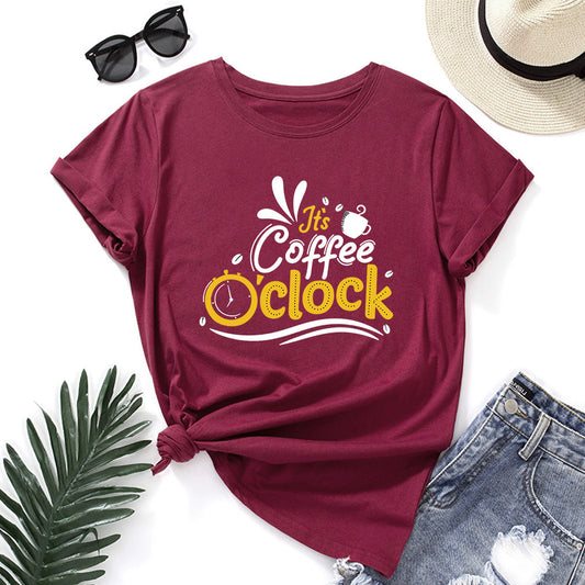Coffee  Loose Round Neck Short Sleeve T-shirt