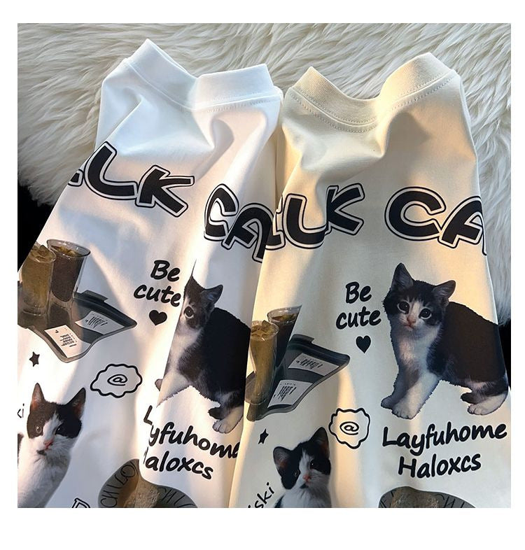 Cartoon Cat Milk Breakfast T-shirt For Men And Women