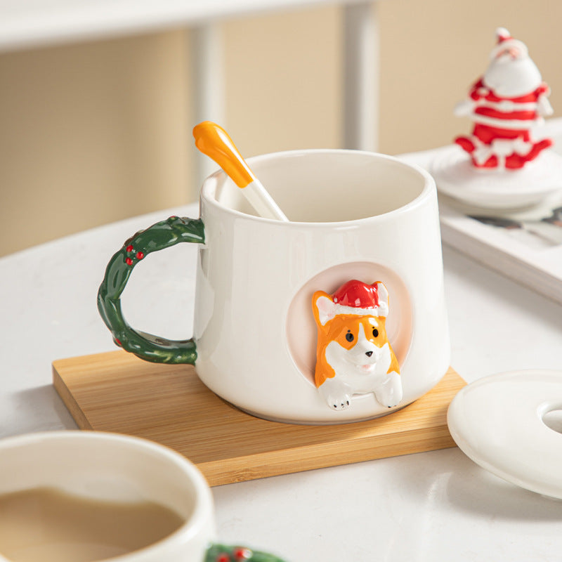 Christmas Style Corgi Mug With Cover Spoon