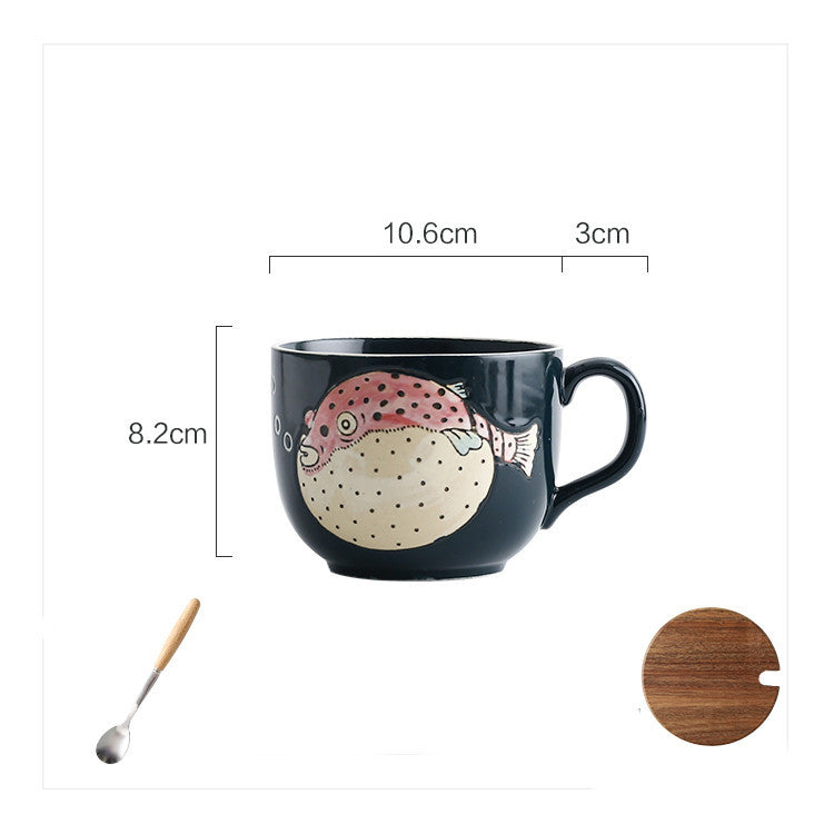 Ceramic Large Capacity Fish Mug With Lid Spoon