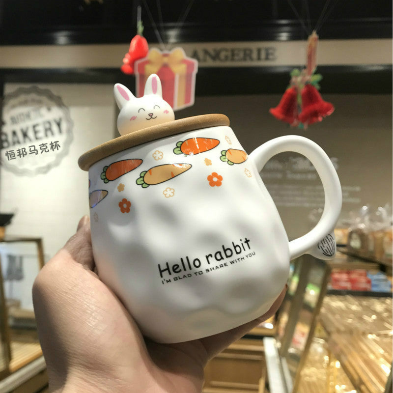 Cute Rogue Rabbit Ceramic Mug with Lid Spoon