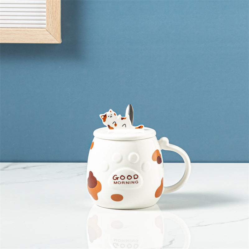 Ceramic Cat Mug With Lid Spoon Office Cute Coffee Mug