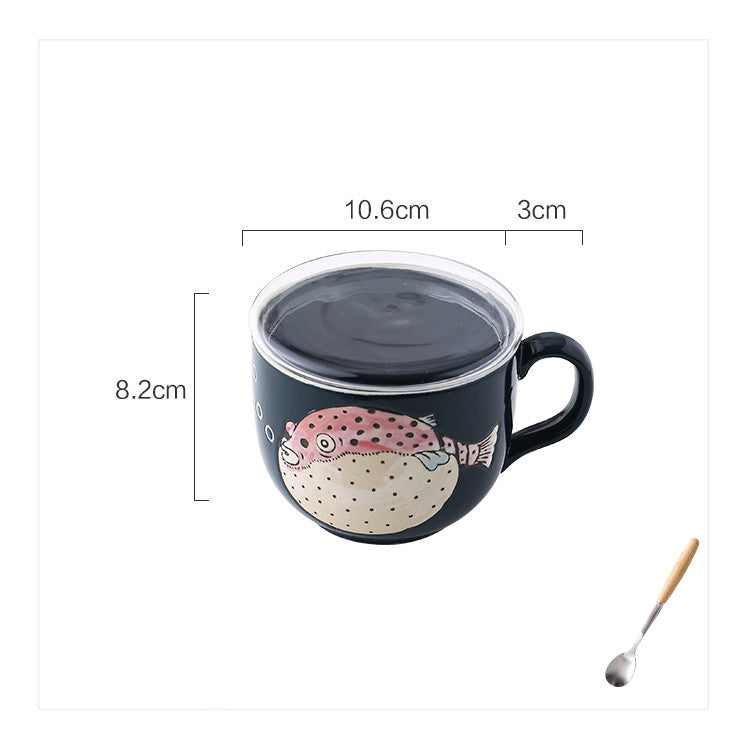 Ceramic Large Capacity Fish Mug With Lid Spoon