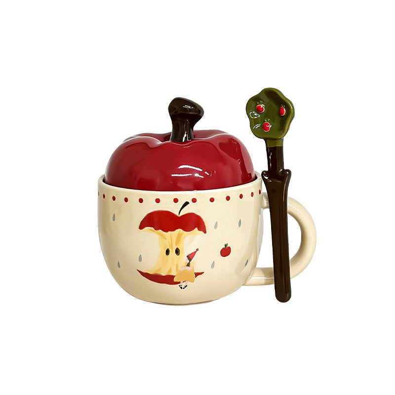 Cute Cartoon Apple Ceramic Mug With Cover Spoon
