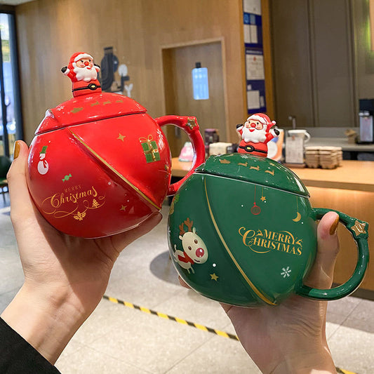 Christmas Round Mug Ceramic With Lid Spoon
