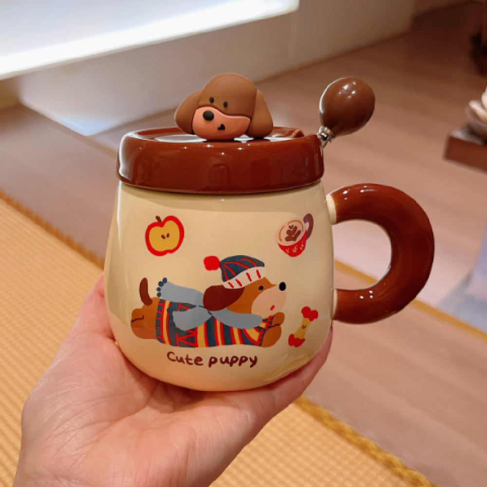 Cartoon Sausage Dog Mug With Lid Spoon
