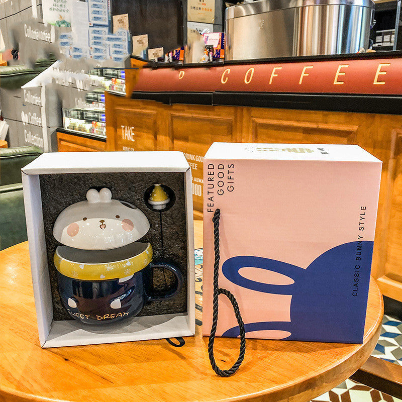 Gift Box Cute Cartoon Rabbit Ceramic Mug With Lid Spoon