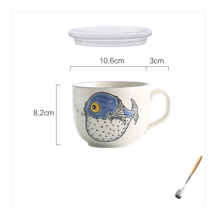 Ceramic Large Capacity Fish Mug With Lid Spoon