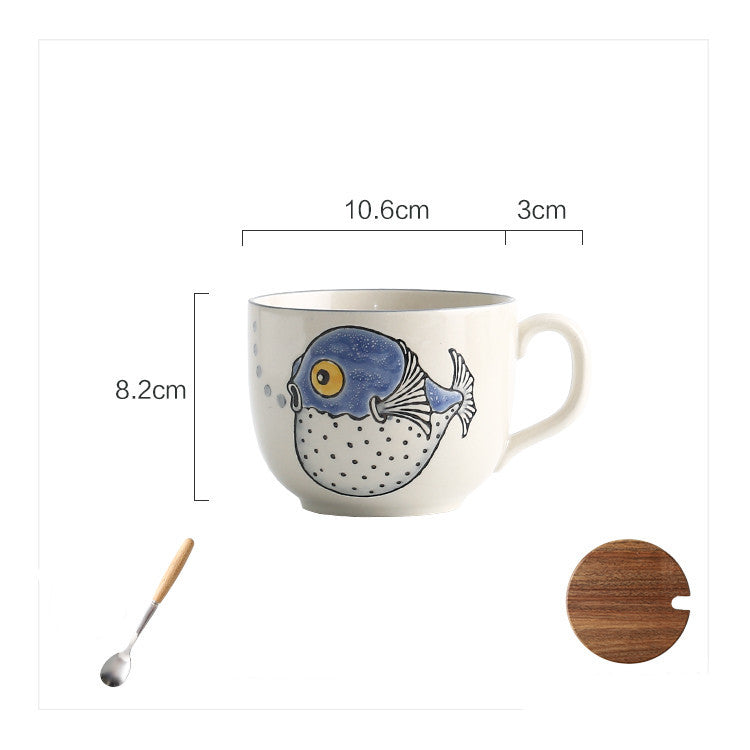 Ceramic Large Capacity Fish Mug With Lid Spoon