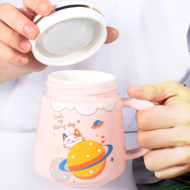 Ceramic Mug Cat Cartoon Mug With Lid Large Capacity