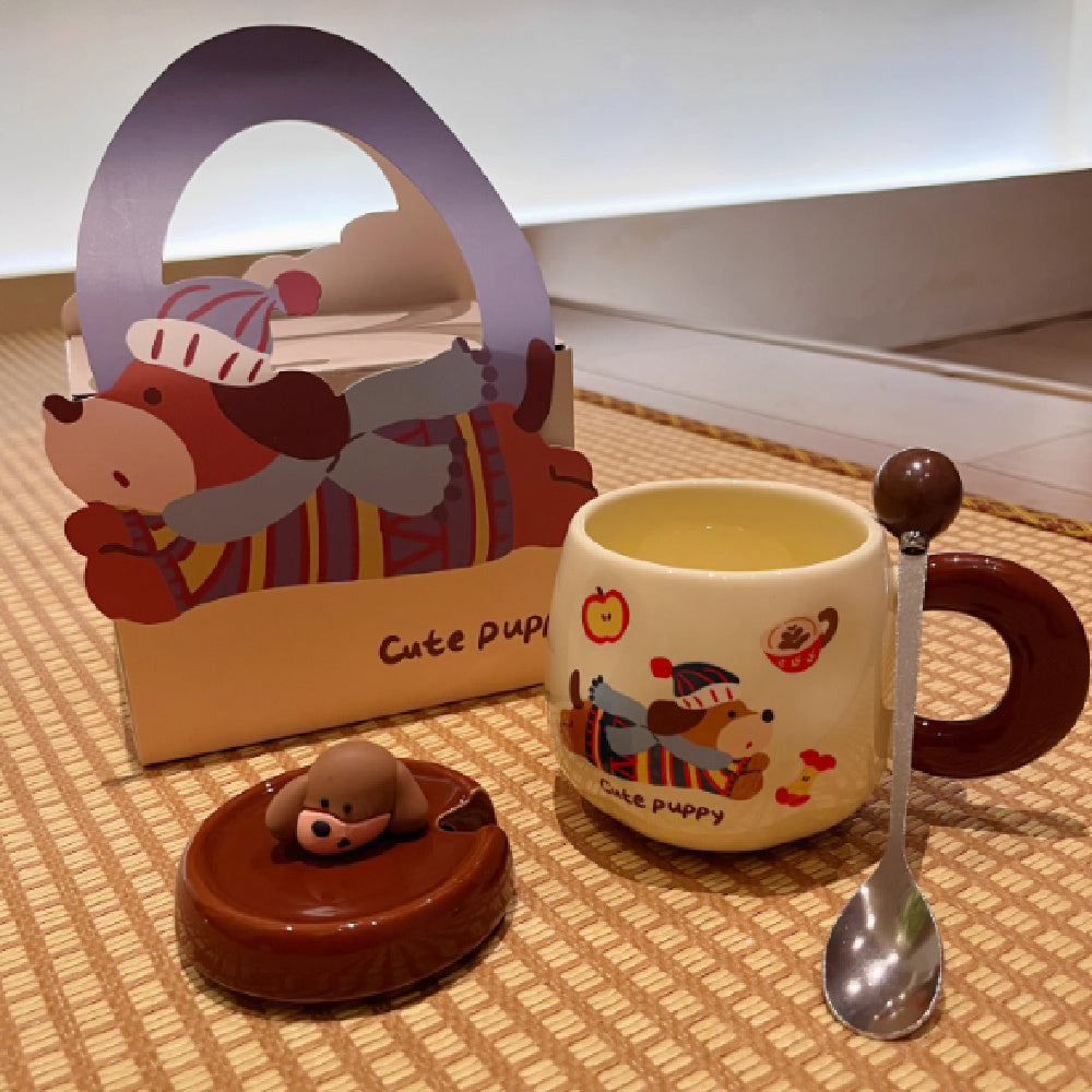 Cartoon Sausage Dog Mug With Lid Spoon