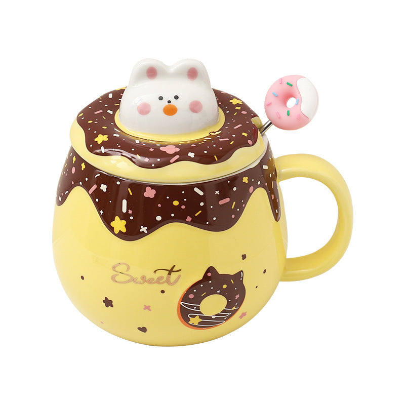 Cartoon Cute Cat  Donut Mug With Lid Spoon