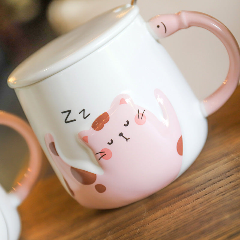 Cartoon Cat With Lid Spoon Ceramic Cup