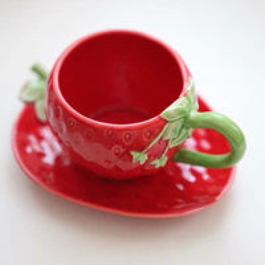Hand Painted Ceramic Coffee Cup & Saucer Strawberry