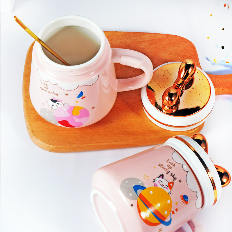 Ceramic Mug Cat Cartoon Mug With Lid Large Capacity