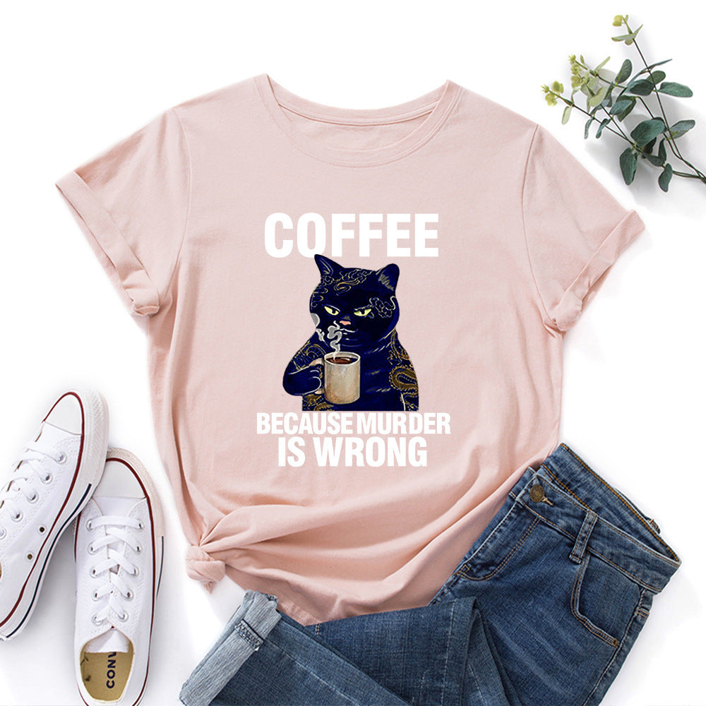 Black And White Print Loose Round Neck Short-sleeved T-shirt