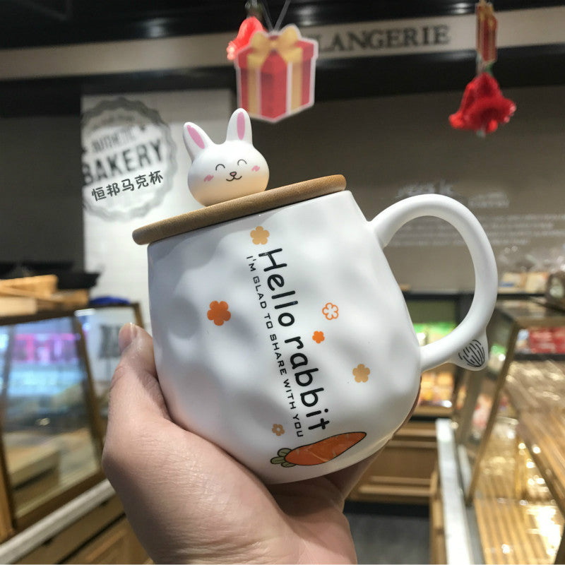 Cute Rogue Rabbit Ceramic Mug with Lid Spoon