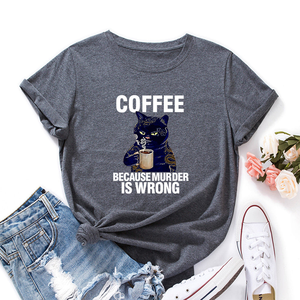 Black And White Print Loose Round Neck Short-sleeved T-shirt