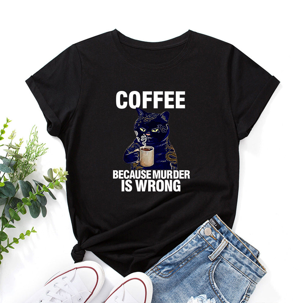 Black And White Print Loose Round Neck Short-sleeved T-shirt