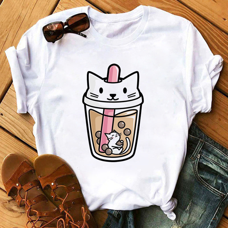 New Cute Milk Tea Print Short Sleeve Women