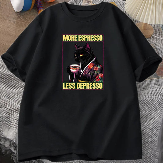 More Espresso Less Depresso Cat Drinking Coffee Funny T Shirt
