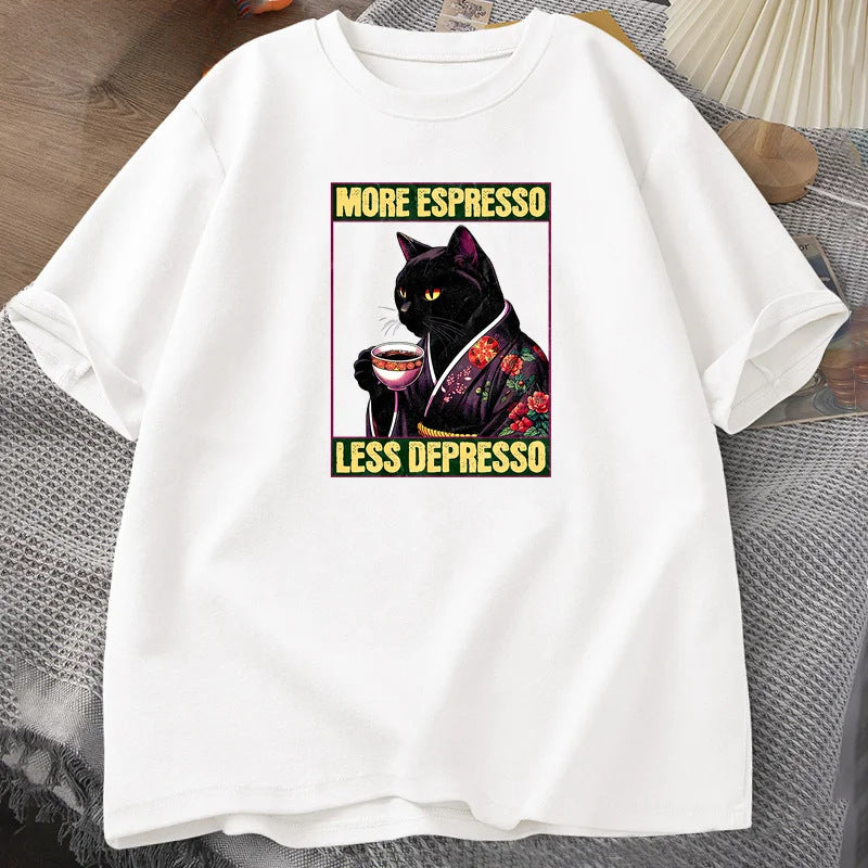 More Espresso Less Depresso Cat Drinking Coffee Funny T Shirt