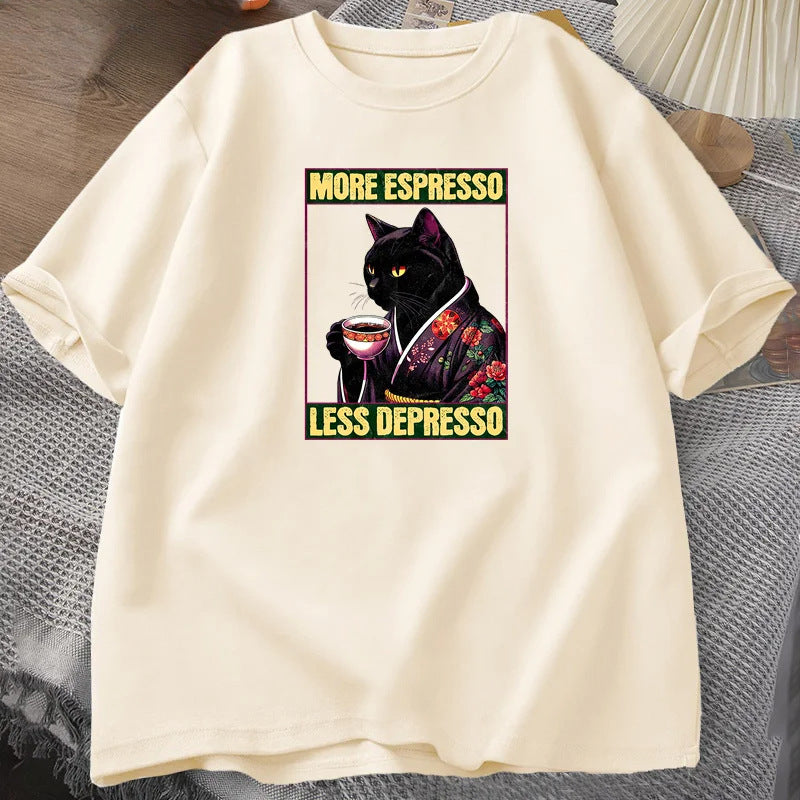 More Espresso Less Depresso Cat Drinking Coffee Funny T Shirt