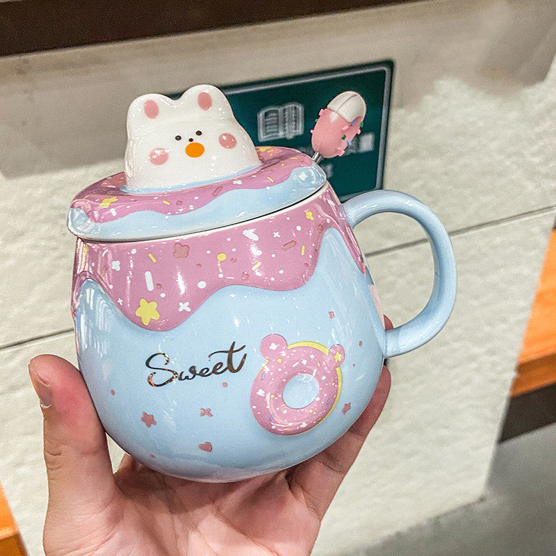 Cartoon Cute Cat  Donut Mug With Lid Spoon