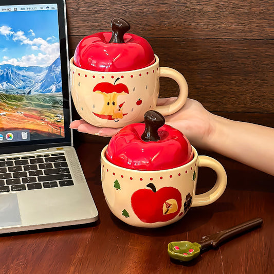 Cute Cartoon Apple Ceramic Mug With Cover Spoon