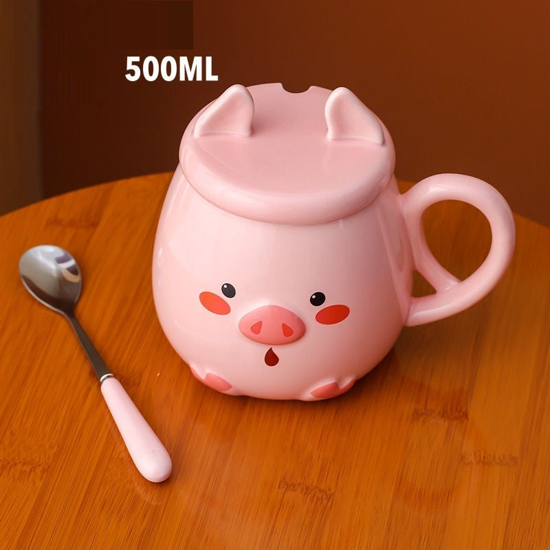 Ceramic  Pig Mug Cute Cat Cartoon With Lid Spoon