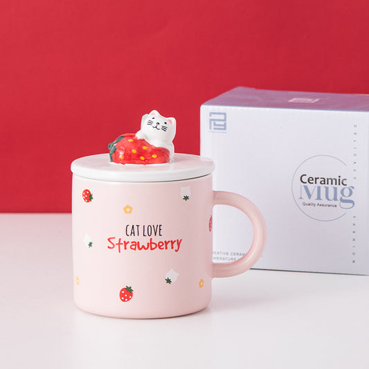 Creative Cartoon Ceramic Cup With Lid Cute Strawberry