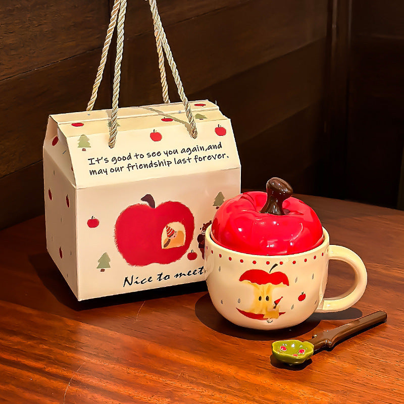 Cute Cartoon Apple Ceramic Mug With Cover Spoon