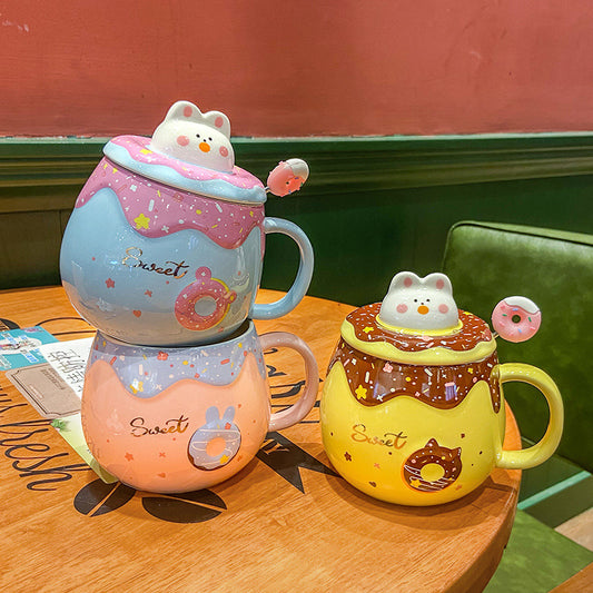 Cartoon Cute Cat  Donut Mug With Lid Spoon