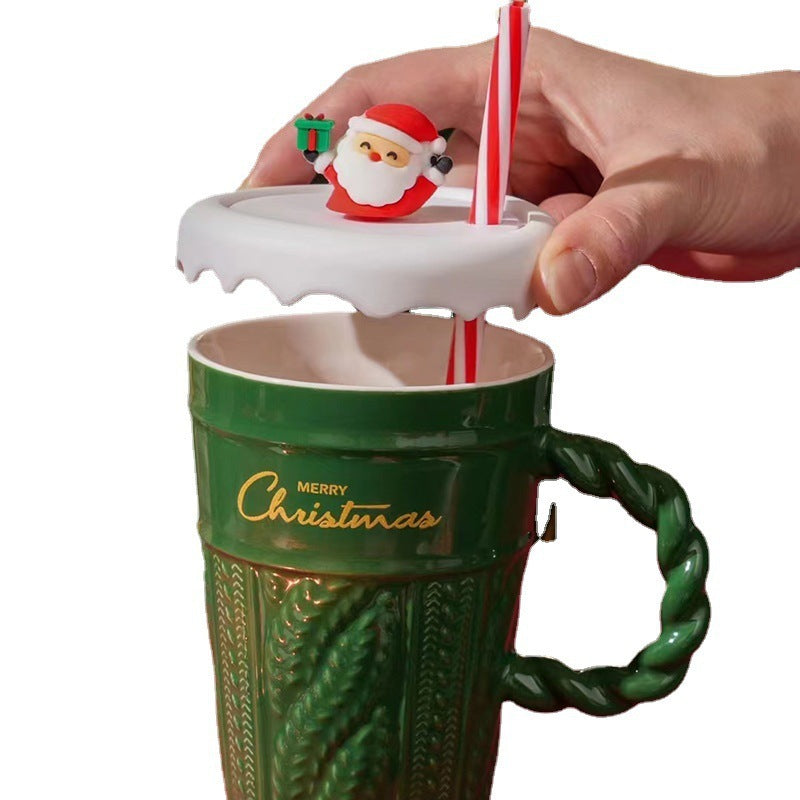 Christmas Tree Ceramic Mug with Straw