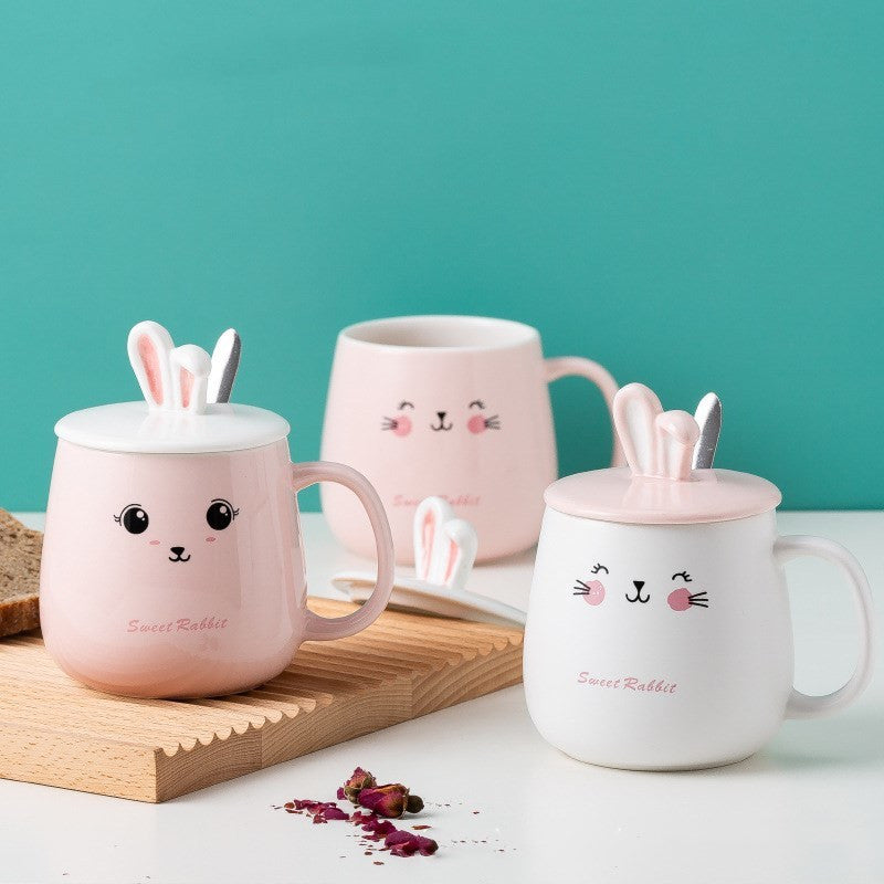 Cute Bunny Ear Mug With Lid Spoon