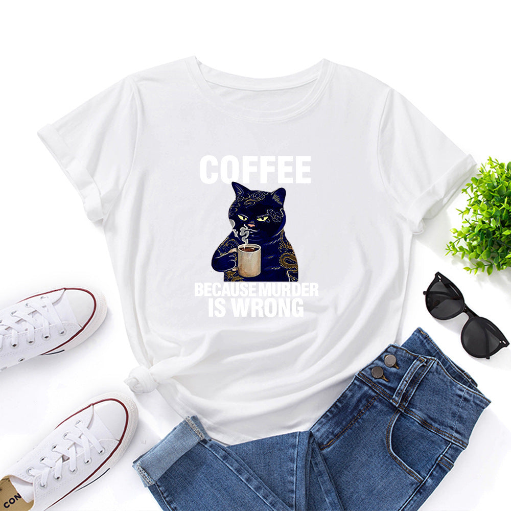Black And White Print Loose Round Neck Short-sleeved T-shirt