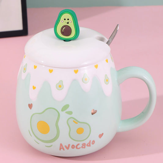 Avocado Ceramic Coffee Mug With Lid And Spoon