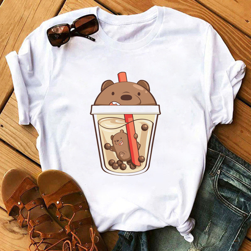 New Cute Milk Tea Print Short Sleeve Women