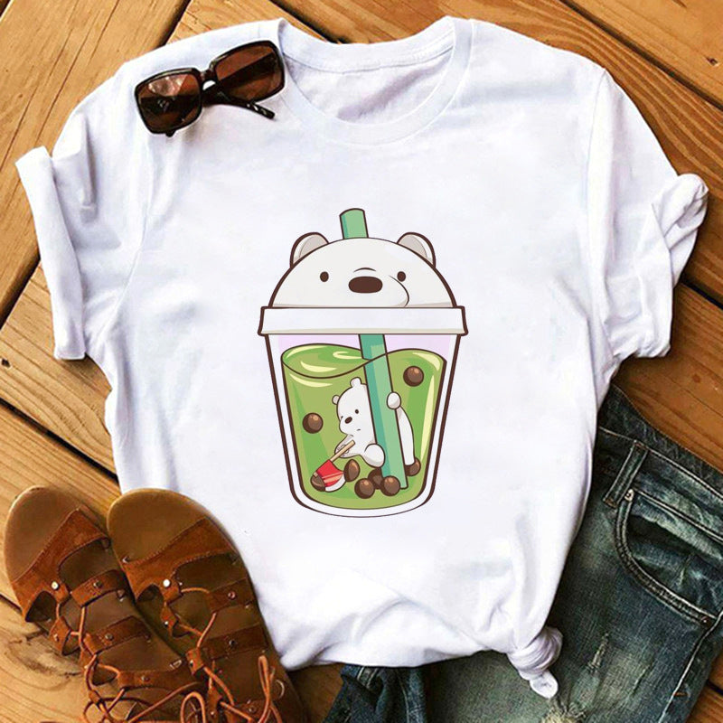 New Cute Milk Tea Print Short Sleeve Women