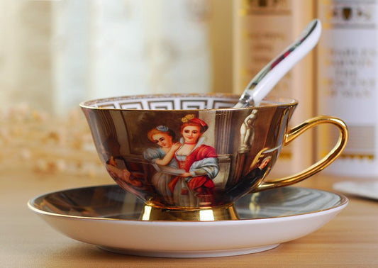Creative Bone China Coffee Cup And Plate, Retro Art