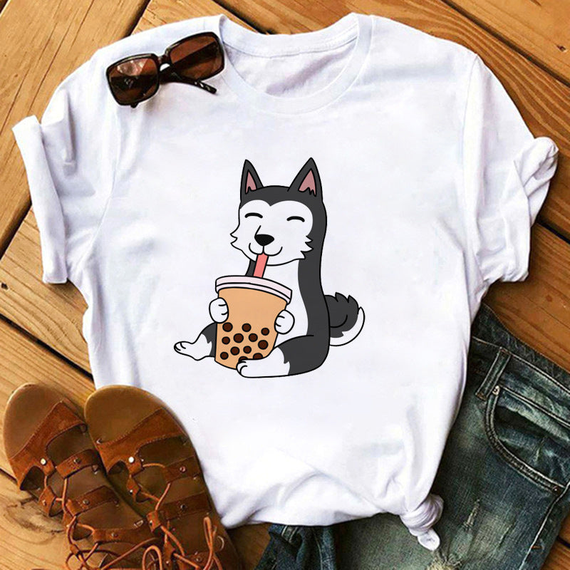 New Cute Milk Tea Print Short Sleeve Women
