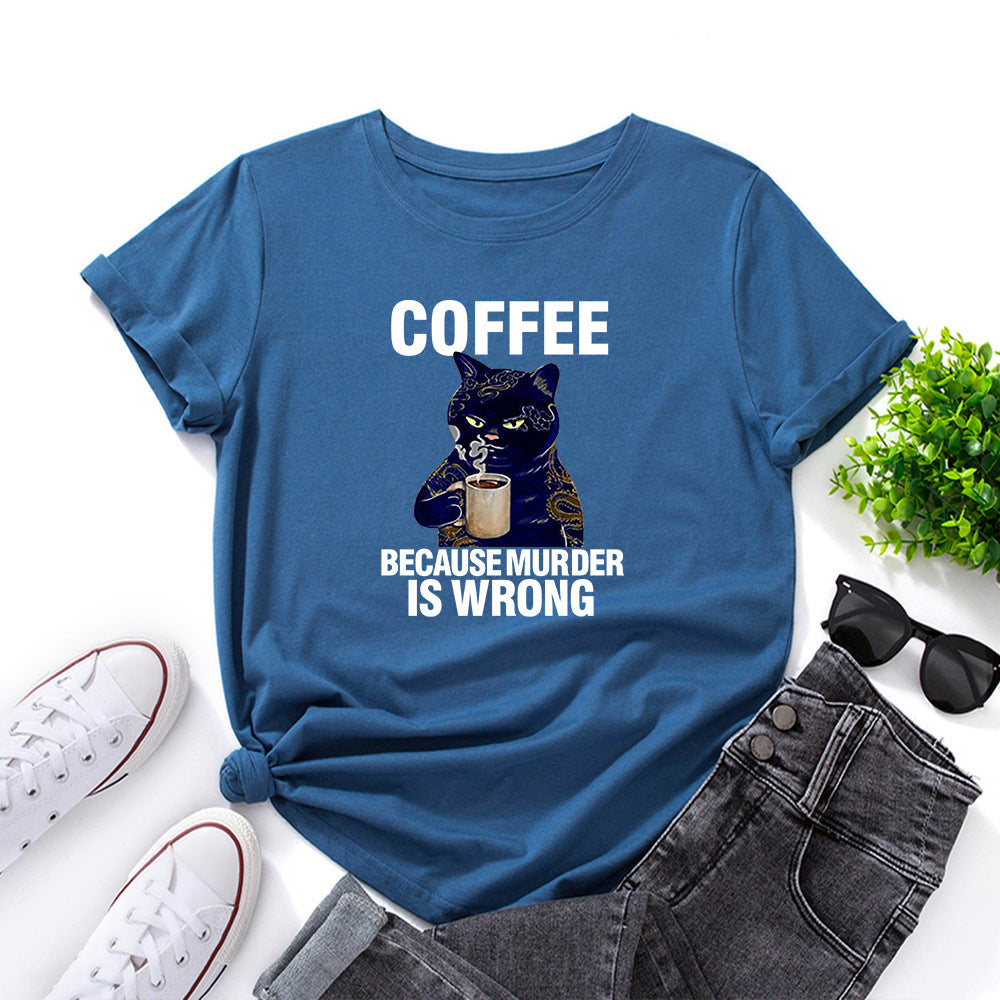 Black And White Print Loose Round Neck Short-sleeved T-shirt