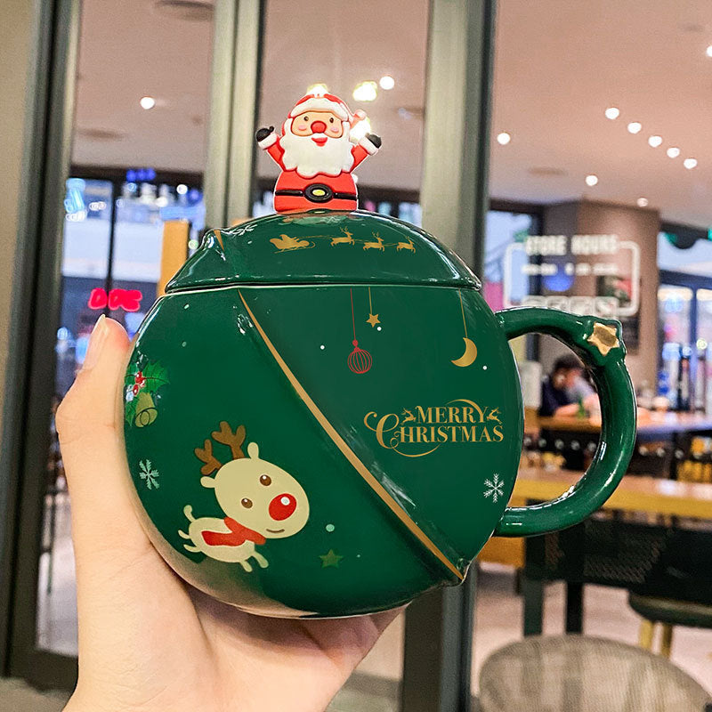 Christmas Round Mug Ceramic With Lid Spoon