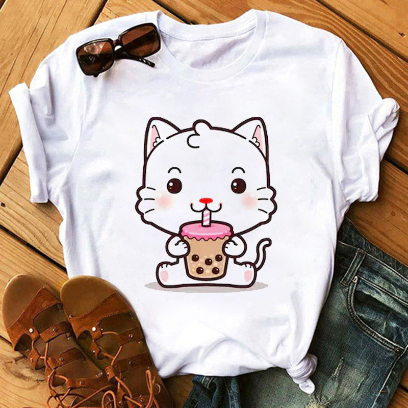 New Cute Milk Tea Print Short Sleeve Women